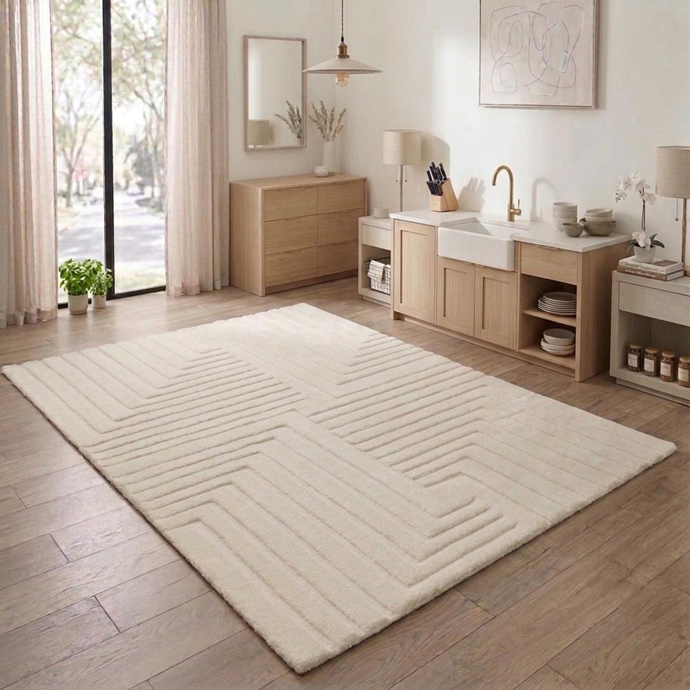 Ivory Cream Geometric Tufted Rug