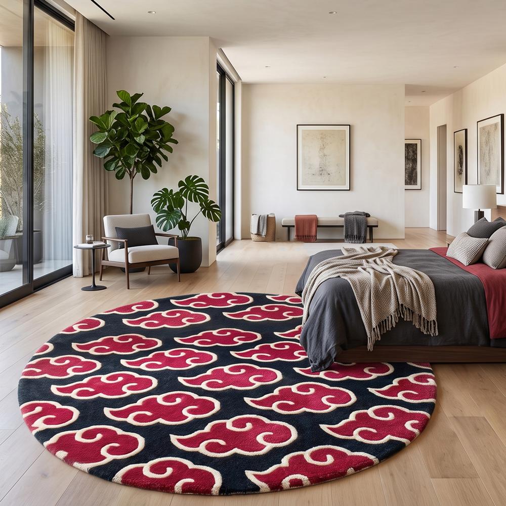 Round Black and Red Cloud Pattern Tufted Rug