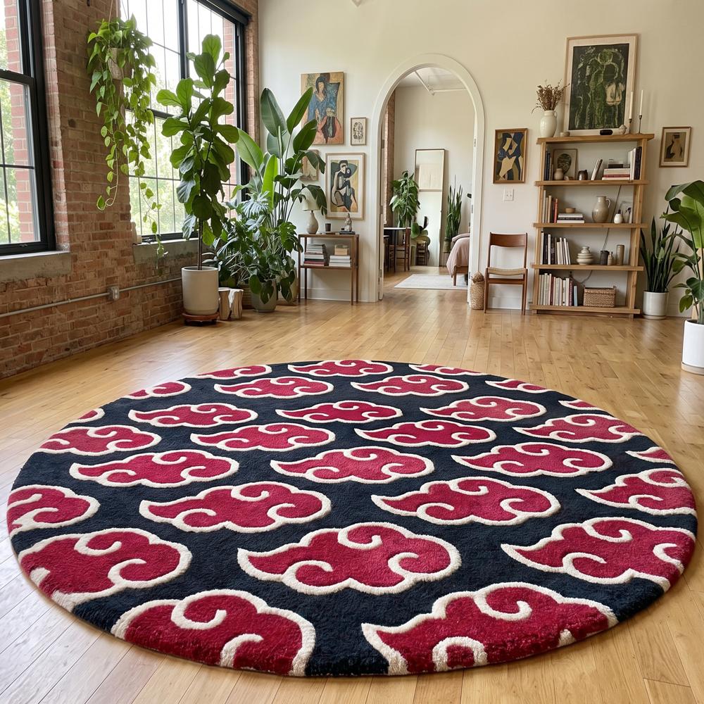 Round Black and Red Cloud Pattern Tufted Rug