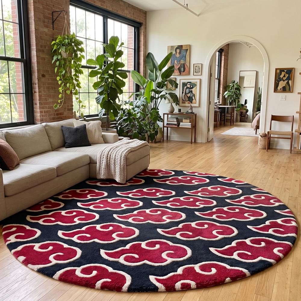 Round Black and Red Cloud Pattern Tufted Rug