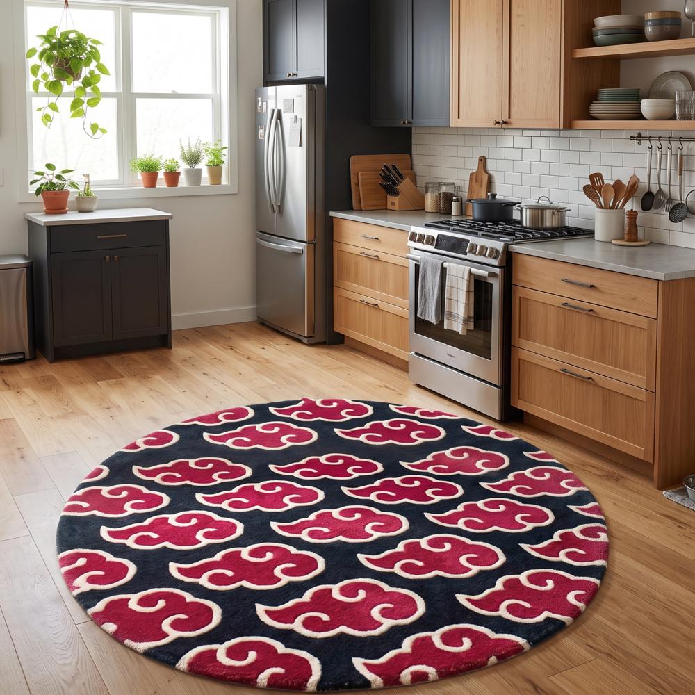 Round Black and Red Cloud Pattern Tufted Rug