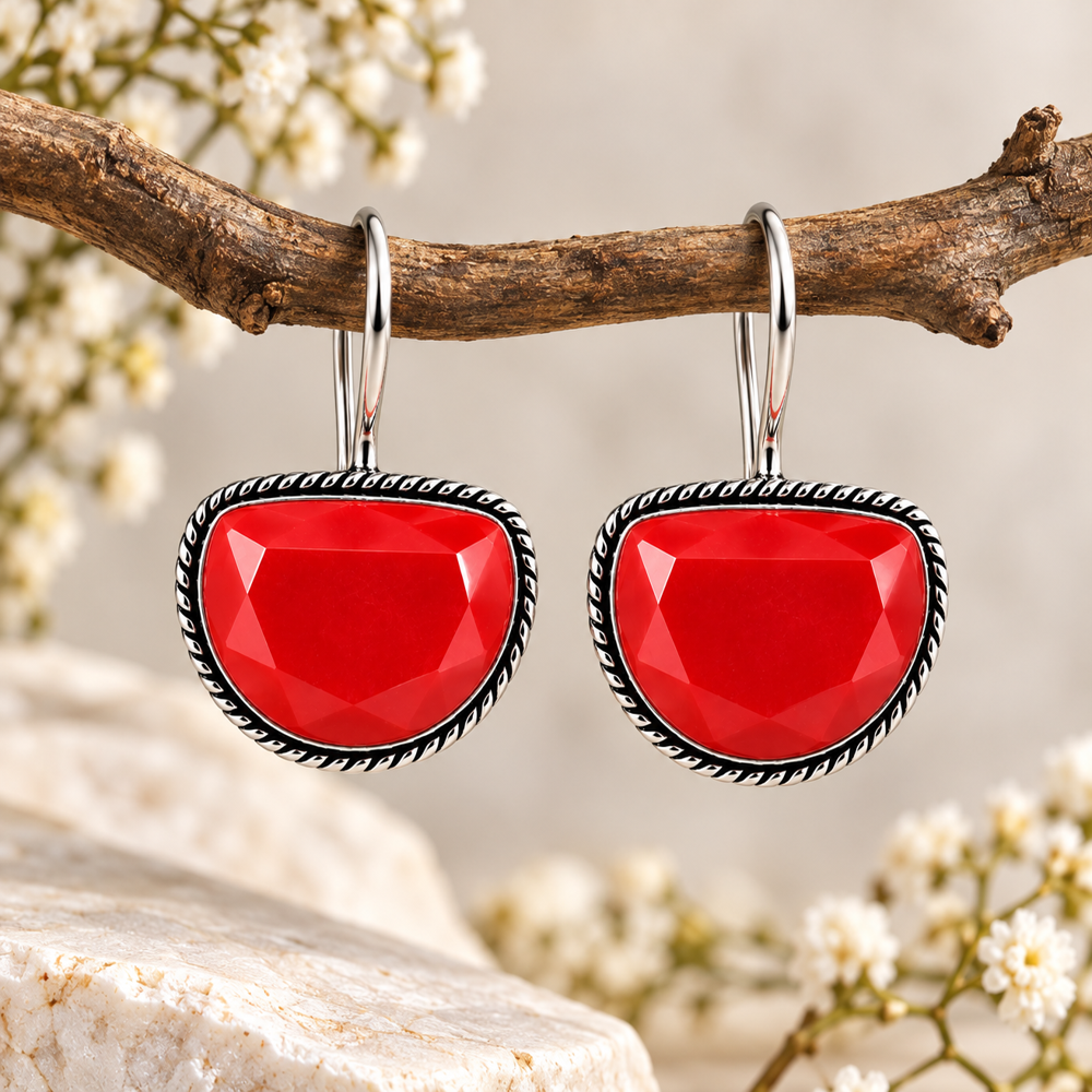 Red Stone Metallic Dangle Earrings - Grade: A