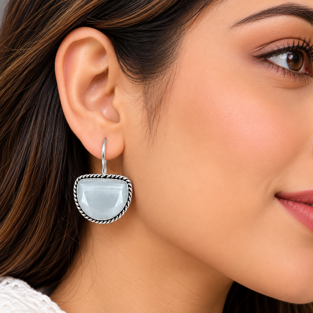 White Stone Metallic Dangle Earrings - Grade: A