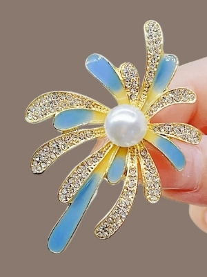 Blue Petal Pearl Flower Brooch - Color: Gold