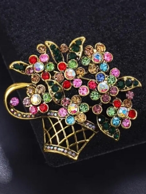Elegant Floral Basket Brooch A   Multicolor Crystal Lapel Pin - Color: Gold
