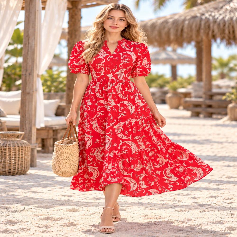 Red Printed Puff Sleeve Tiered Maxi Dress - Feature: Quick Dry