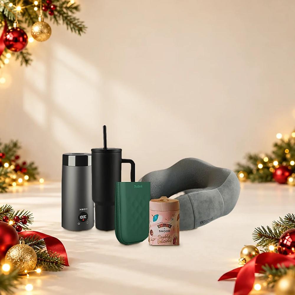 Premium New Year Gift Hamper for Executives - Travel Kettle, Neck Pillow & Truffles