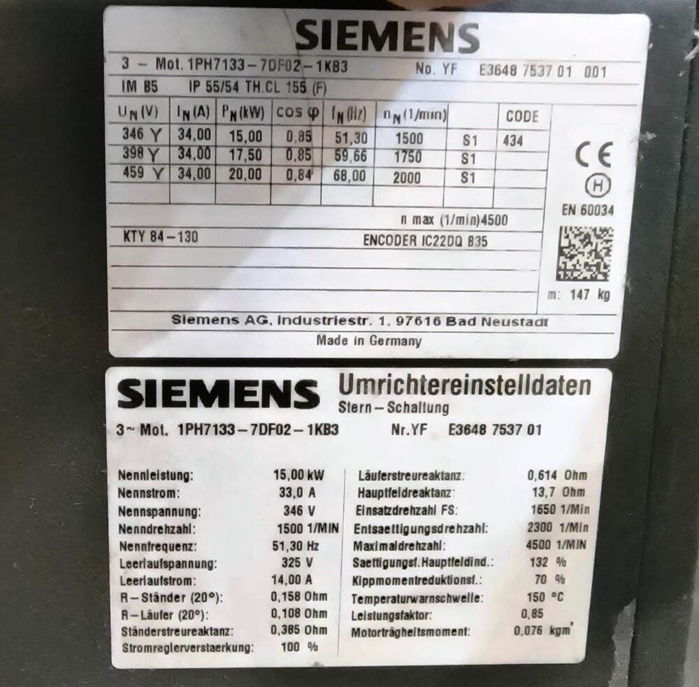 Siemens 1Ph7 Main Ac Servo Spindle Motor - Application: Cnc Milling Machines