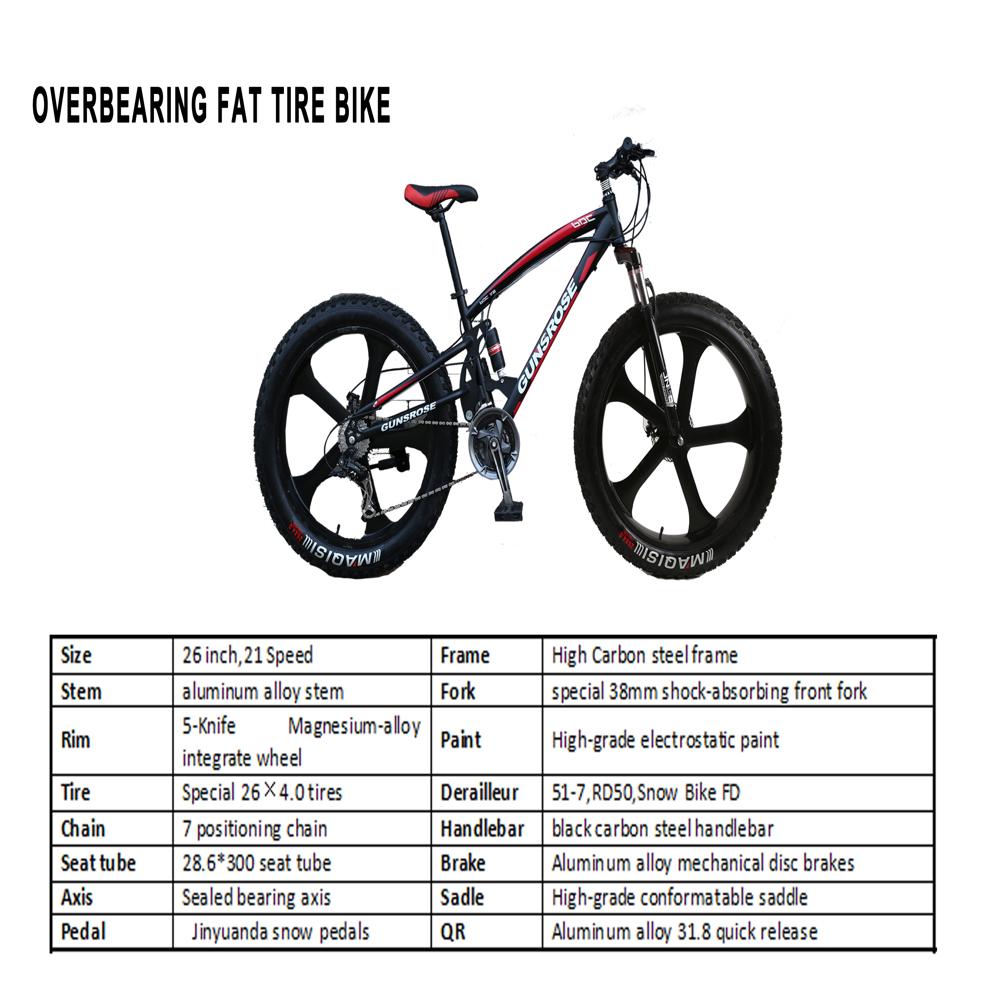 Overbearing fat tire bike 26 inch 21 speed double disc brake with dual suspension