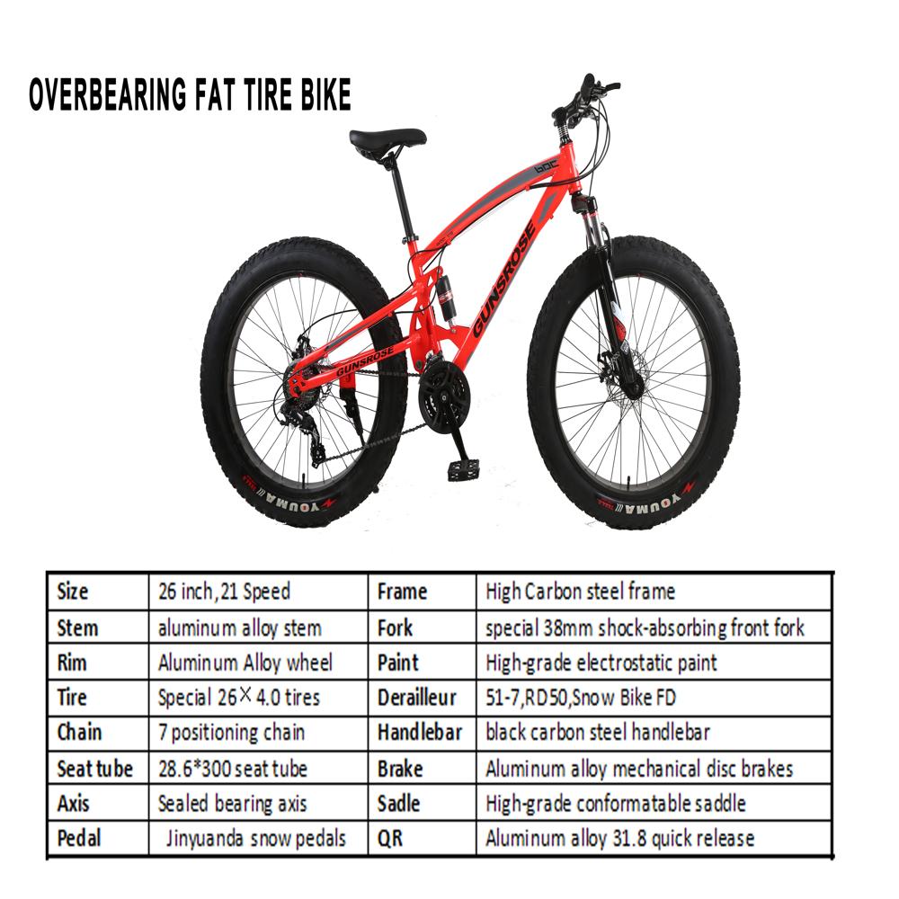 Overbearing fat tire bike 26 inch 21 speed double disc brake with dual suspension