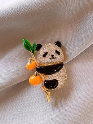 Panda Bamboo Brooch Pin A   Cute Crystal Animal Lapel Brooch - Color: Gold