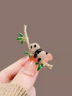 Cute Panda Bamboo Brooch - Color: Gold