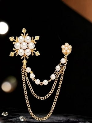 Elegant Pearl Floral Chain Brooch A   Unisex Statement Lapel Pin - Color: Gold