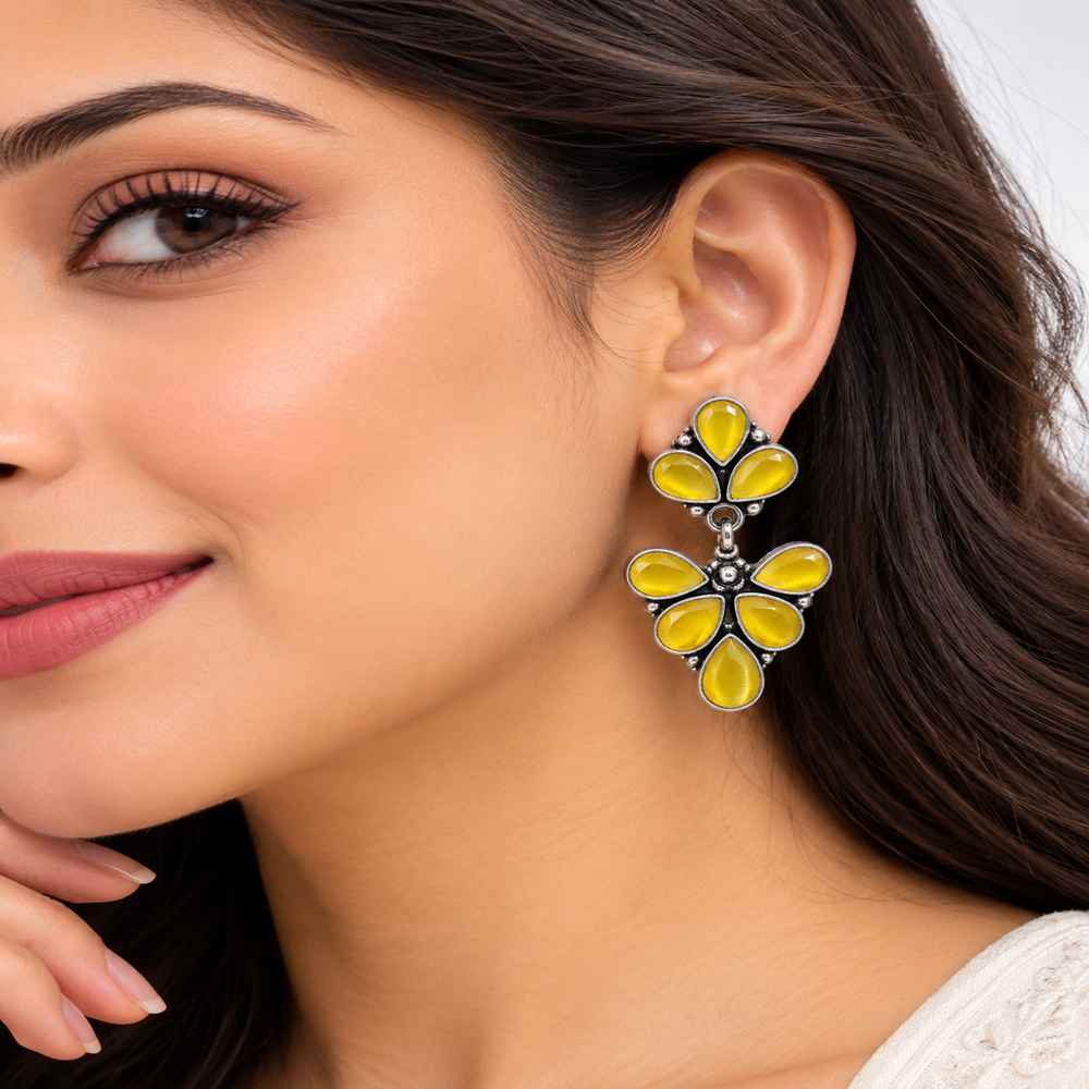 Yellow Stone Studded Metallic Dangle Earrings - Grade: A