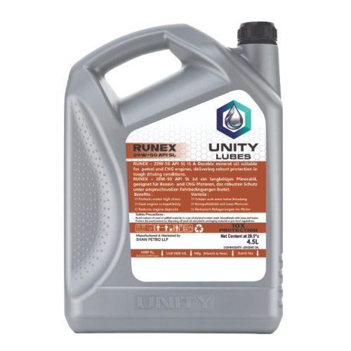 Unity Runex 20w-50 Api Sl 4.5ltr - Application: Engine Lubrication For Four-stroke Engines