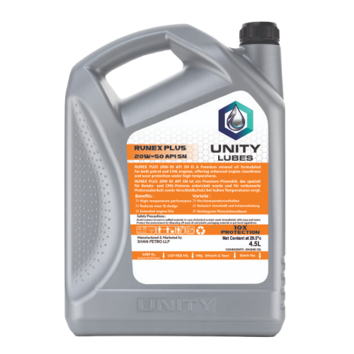 Unity Runex Plus 20w-50 Api Sn++ 4.5ltr - Application: Automotive Engine Lubrication
