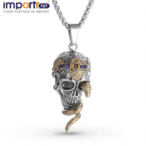 Gothic Skull Snake Wrap Pendant Necklace With Gold Detailing - Unisex Hip Hop Clavicle Chain - Material: Alloy / Metal
