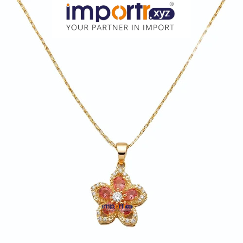 Women's Gold Plated 5-Petal Flower Rotating Pendant Necklace with Crystal Stones