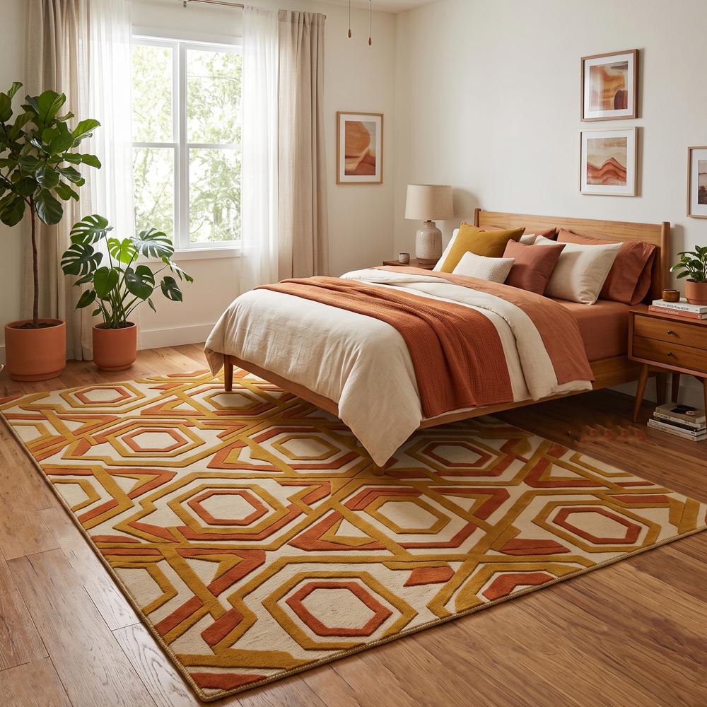 Modern Geometric Pattern Handmade Area Rug in Mustard Yellow Rust and Beige for Living Room Decor