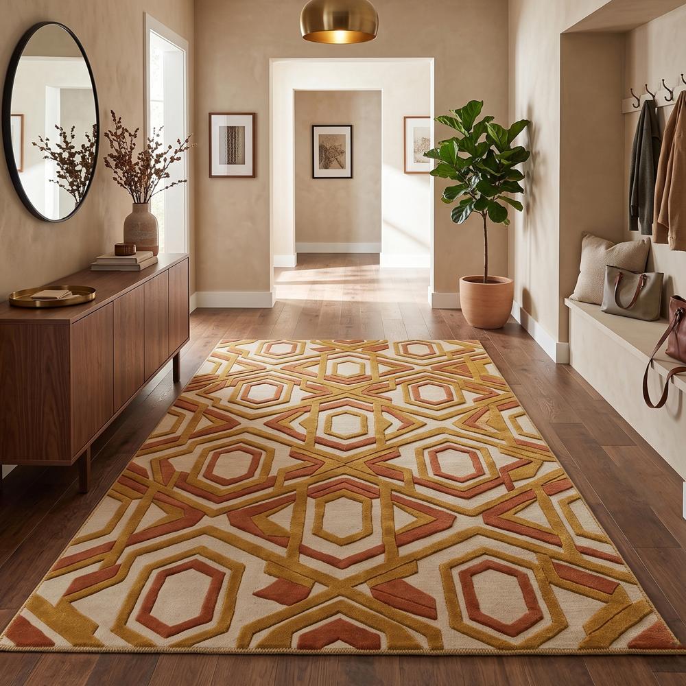 Modern Geometric Pattern Handmade Area Rug in Mustard Yellow Rust and Beige for Living Room Decor