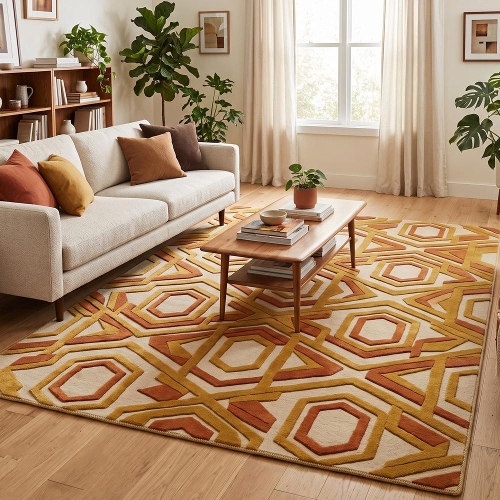 Modern Geometric Pattern Handmade Area Rug in Mustard Yellow Rust and Beige for Living Room Decor