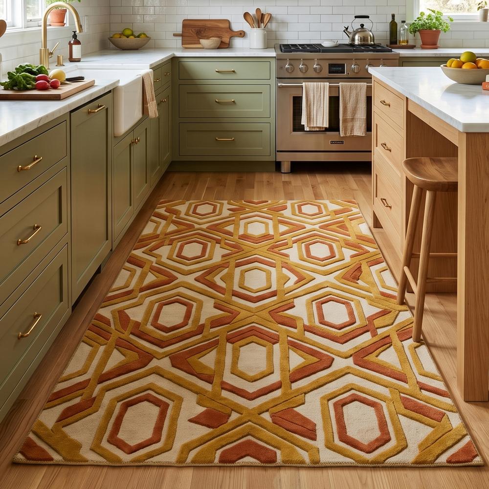 Modern Geometric Pattern Handmade Area Rug in Mustard Yellow Rust and Beige for Living Room Decor