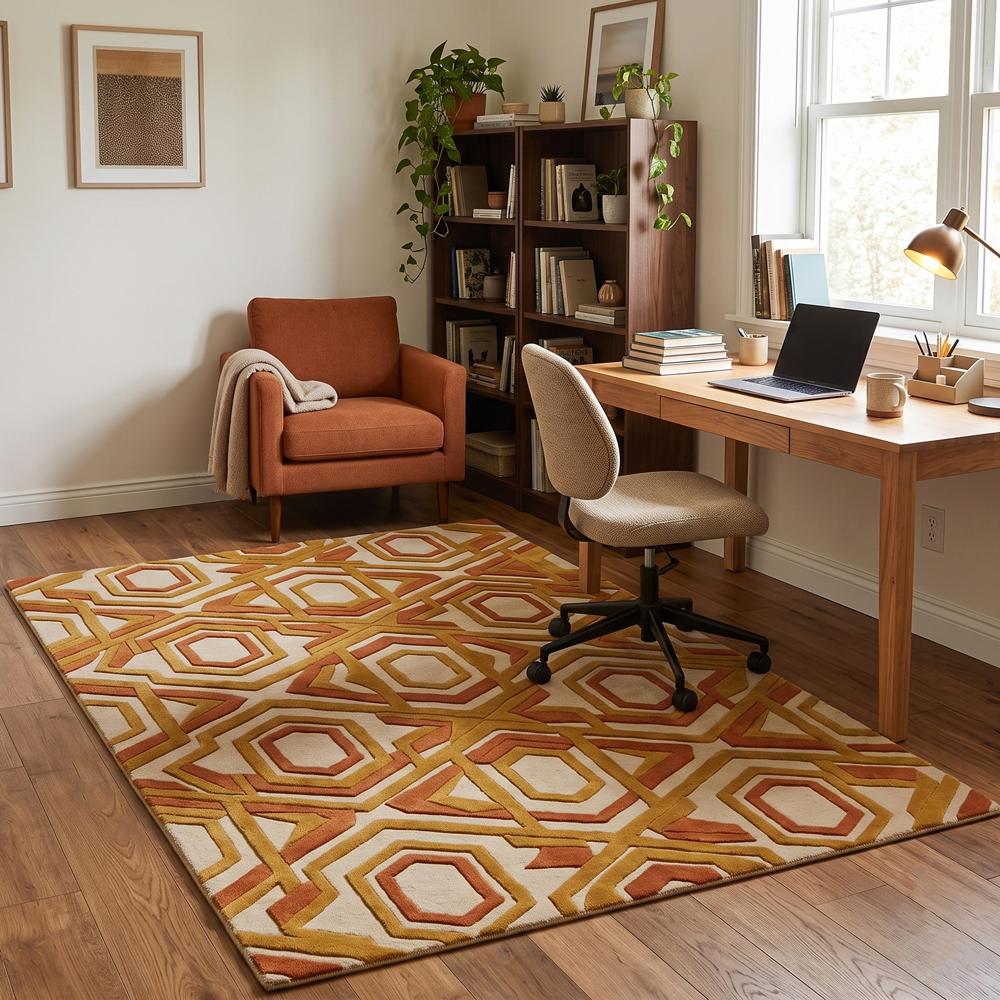 Modern Geometric Pattern Handmade Area Rug in Mustard Yellow Rust and Beige for Living Room Decor