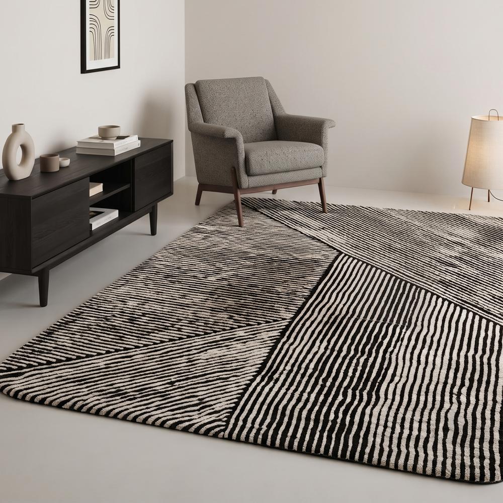 Modern Black and White Geometric Striped Handmade Area Rug for Living Room and Bedroom Decor