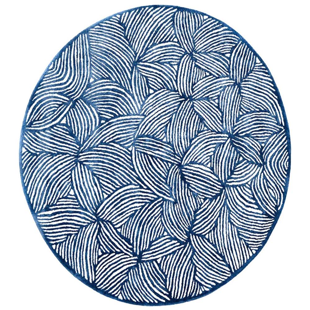 Round Blue and White Abstract Pattern Handmade Area Rug for Modern Home Decor