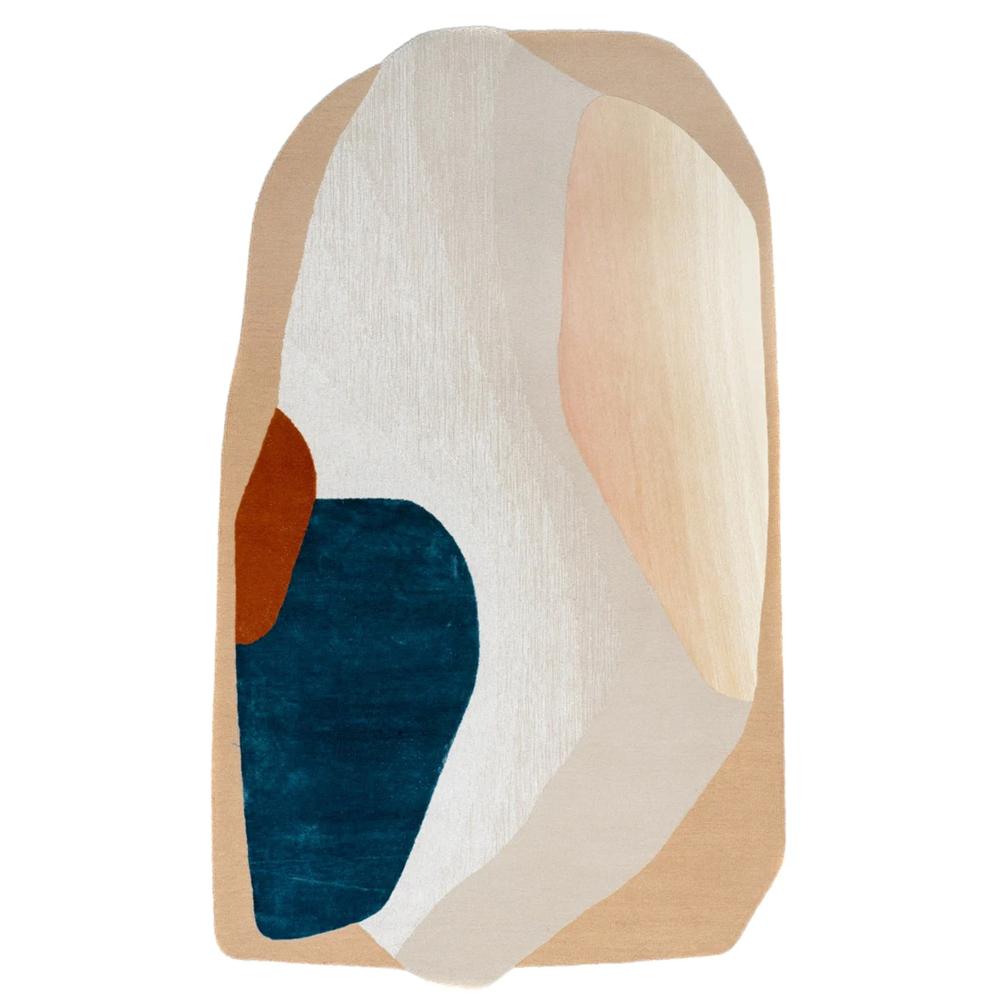 Modern Abstract Handmade Area Rug in Beige Cream Teal Blue and Rust for Contemporary Home Decor