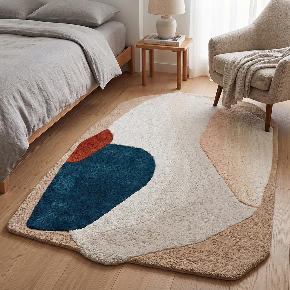 Modern Abstract Handmade Area Rug in Beige Cream Teal Blue and Rust for Contemporary Home Decor