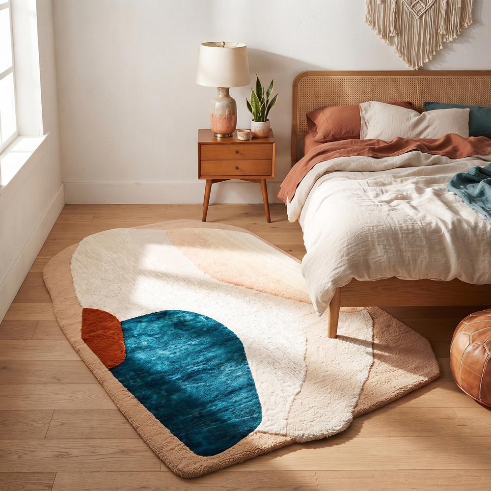 Modern Abstract Handmade Area Rug in Beige Cream Teal Blue and Rust for Contemporary Home Decor