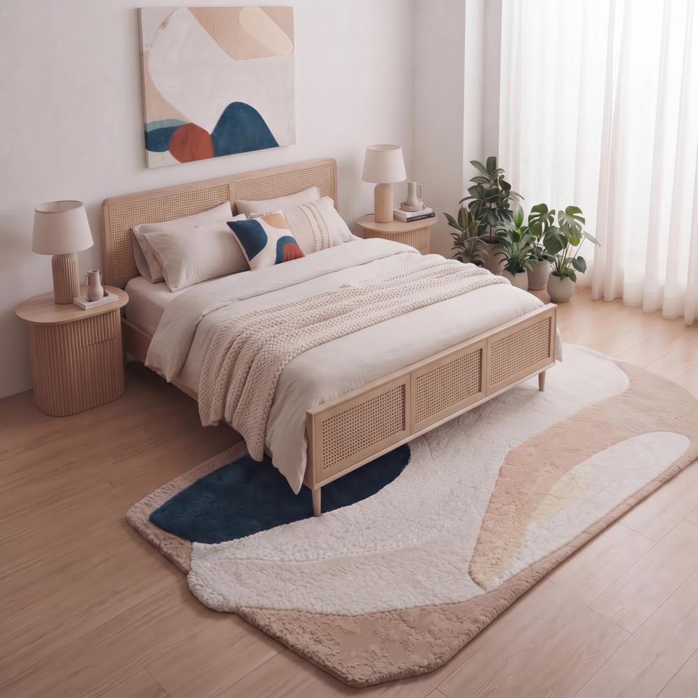 Modern Abstract Handmade Area Rug in Beige Cream Teal Blue and Rust for Contemporary Home Decor