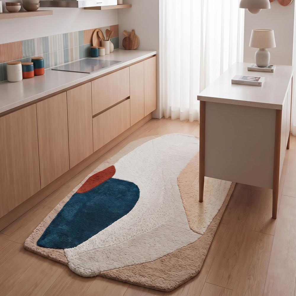 Modern Abstract Handmade Area Rug in Beige Cream Teal Blue and Rust for Contemporary Home Decor