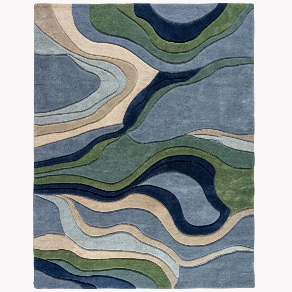 Modern Abstract Topographic Hand Tufted Wool Area Rug in Blue Green Beige and Navy for Living Room Decor
