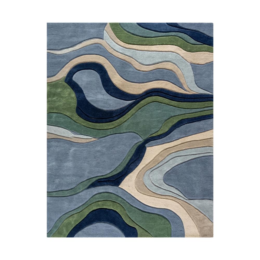 Modern Abstract Topographic Hand Tufted Wool Area Rug in Blue Green Beige and Navy for Living Room Decor
