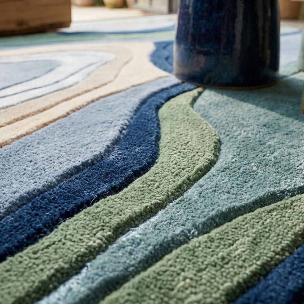 Modern Abstract Topographic Hand Tufted Wool Area Rug in Blue Green Beige and Navy for Living Room Decor