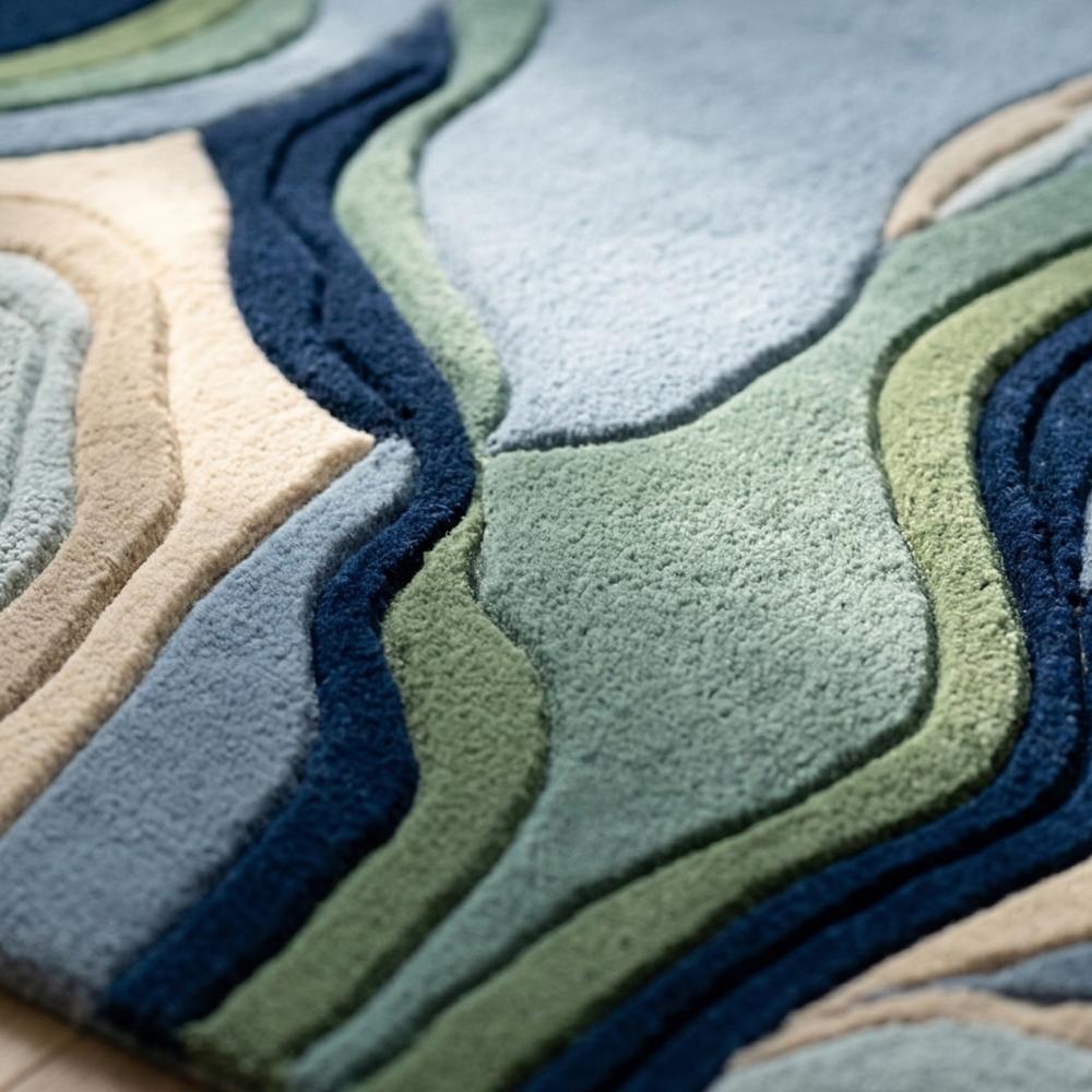 Modern Abstract Topographic Hand Tufted Wool Area Rug in Blue Green Beige and Navy for Living Room Decor
