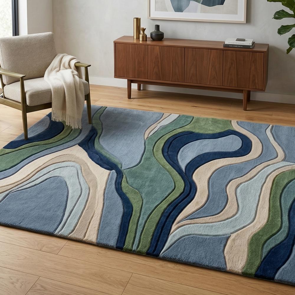 Modern Abstract Topographic Hand Tufted Wool Area Rug in Blue Green Beige and Navy for Living Room Decor