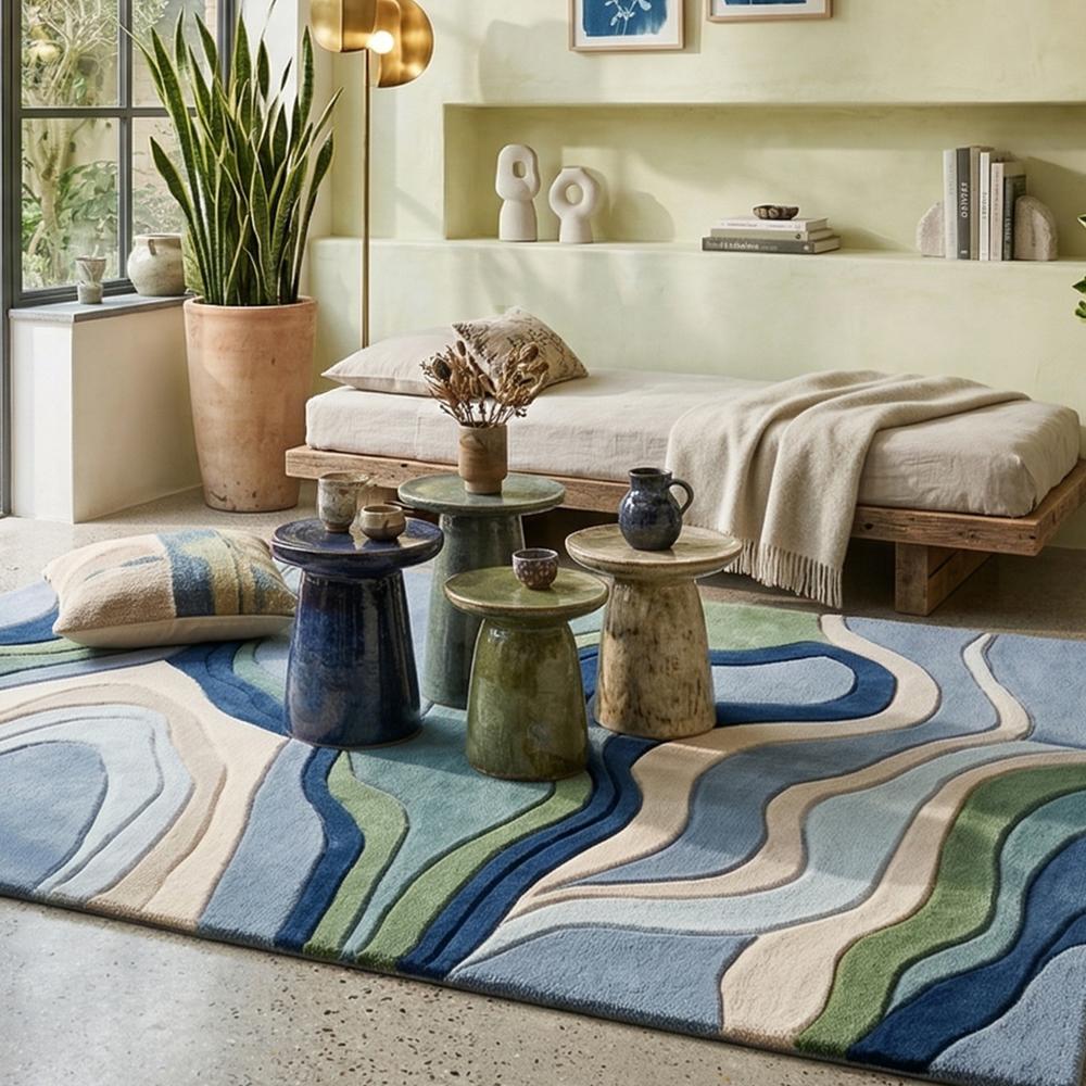 Modern Abstract Topographic Hand Tufted Wool Area Rug in Blue Green Beige and Navy for Living Room Decor