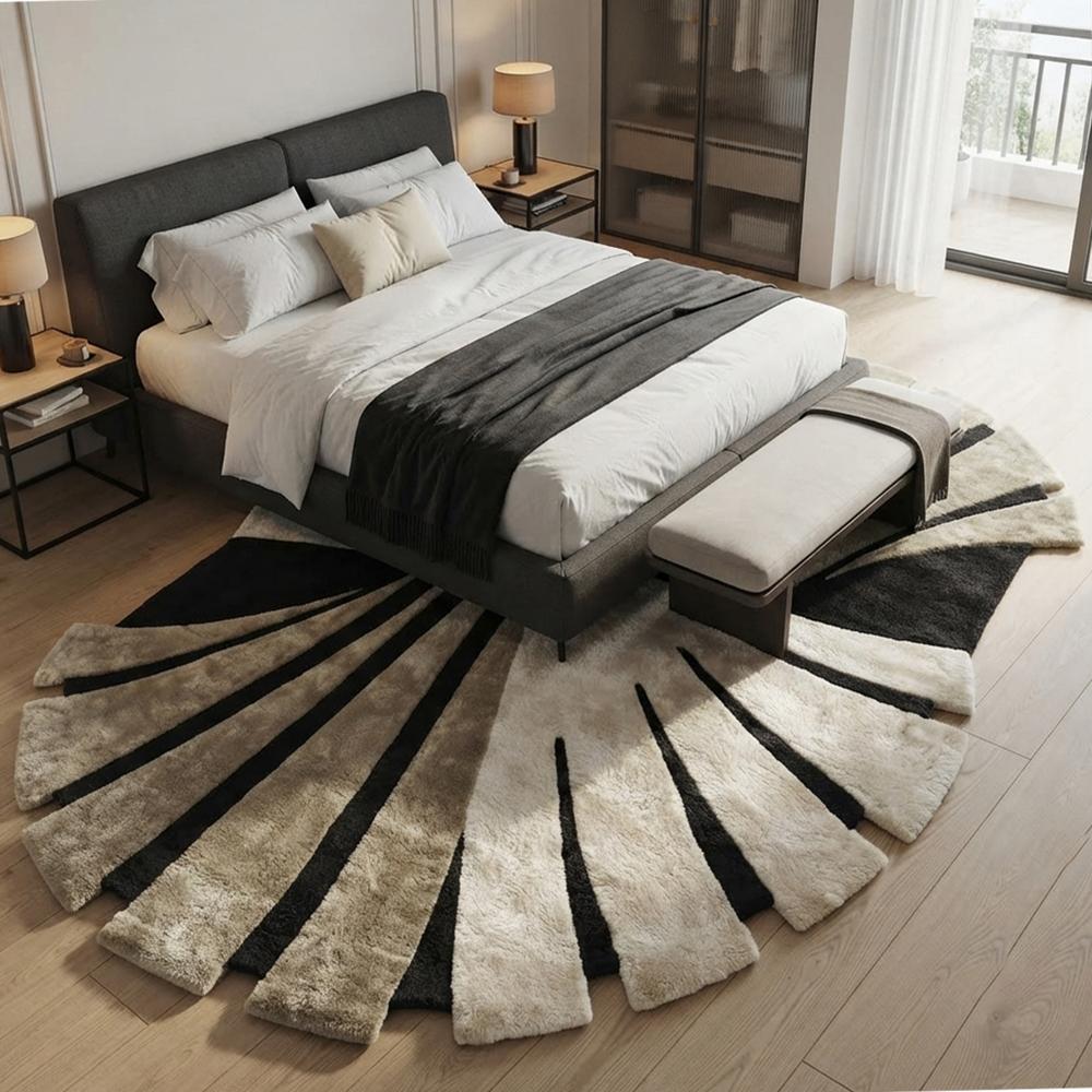 Modern Abstract Black White and Beige Sculptural Area Rug with Sunburst Pattern for Luxury Home Decor