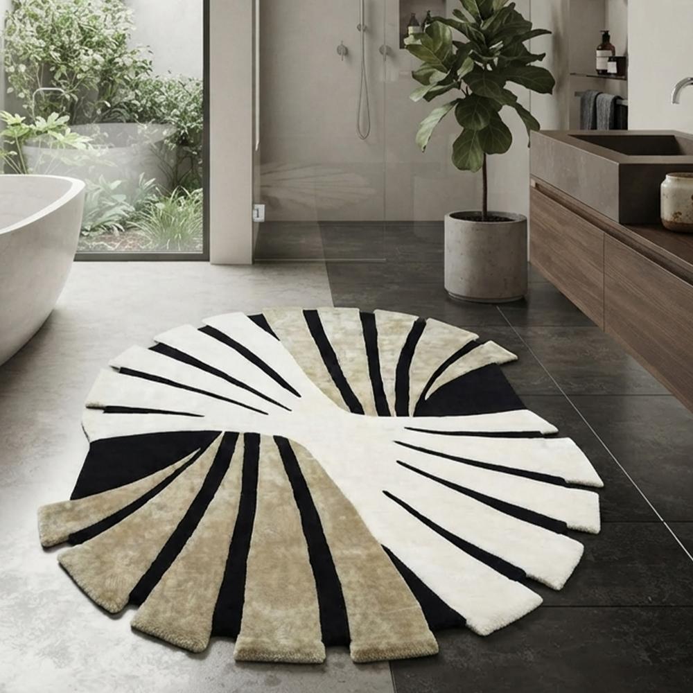 Modern Abstract Black White and Beige Sculptural Area Rug with Sunburst Pattern for Luxury Home Decor