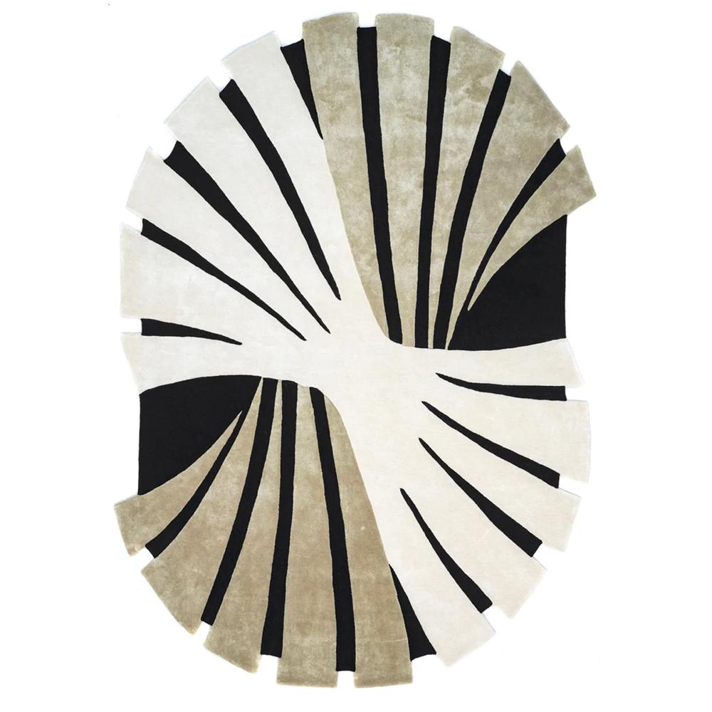 Modern Abstract Black White and Beige Sculptural Area Rug with Sunburst Pattern for Luxury Home Decor