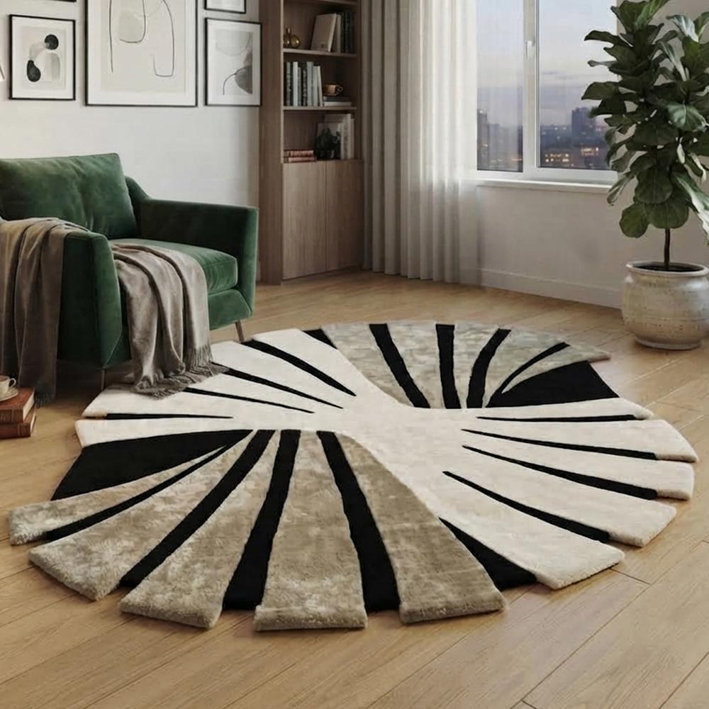 Modern Abstract Black White and Beige Sculptural Area Rug with Sunburst Pattern for Luxury Home Decor