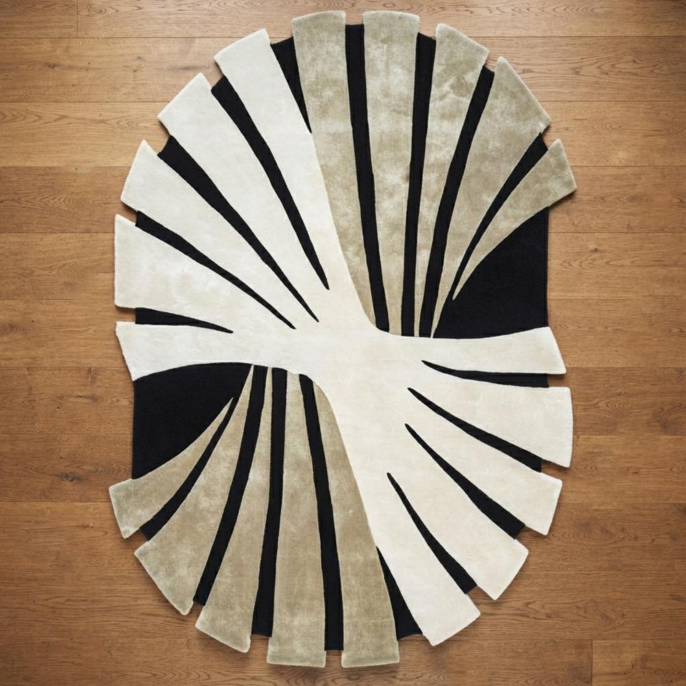 Modern Abstract Black White and Beige Sculptural Area Rug with Sunburst Pattern for Luxury Home Decor