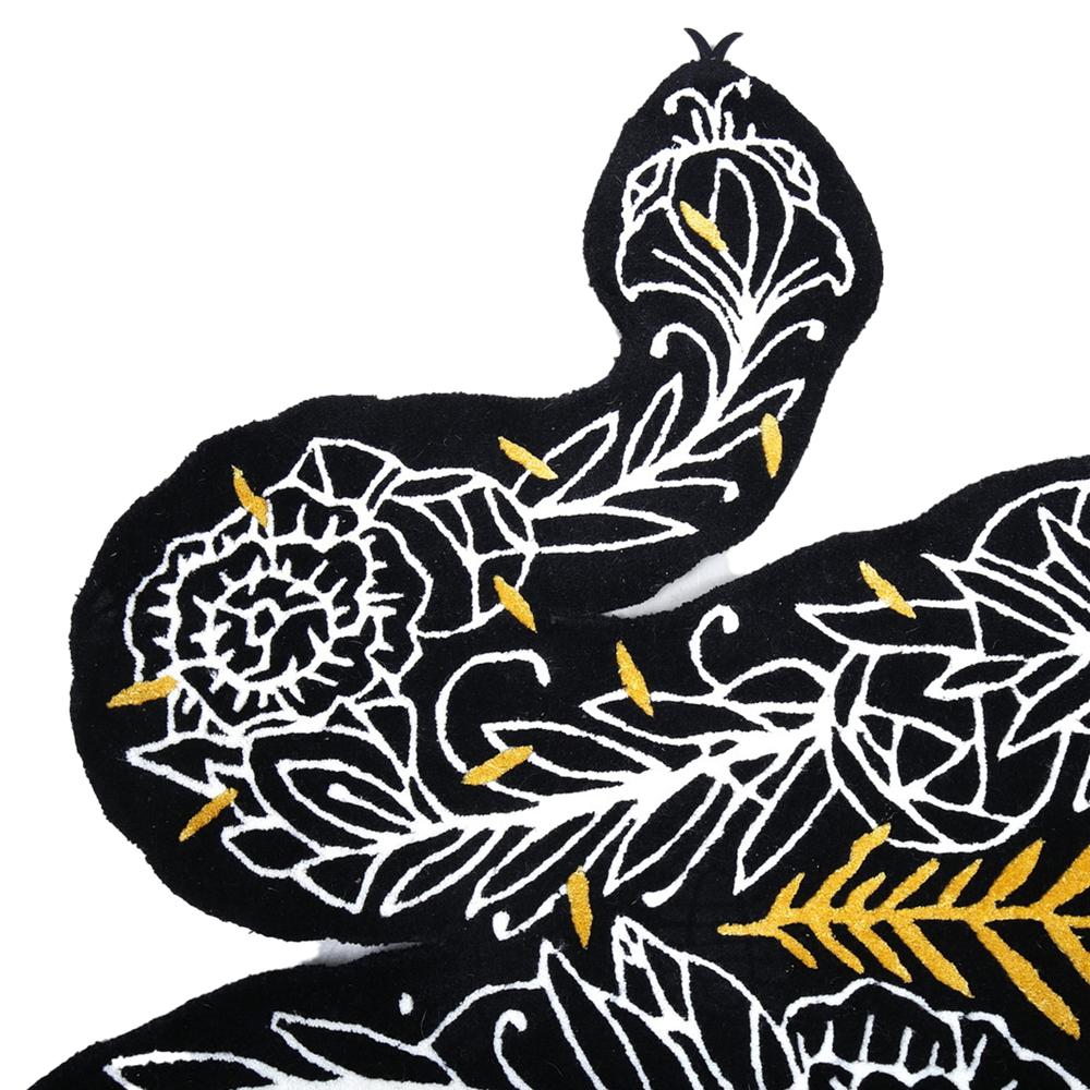 Black Floral Abstract Handmade Irregular Shaped Rug with White Botanical and Golden Leaf Design for Modern Home Decor