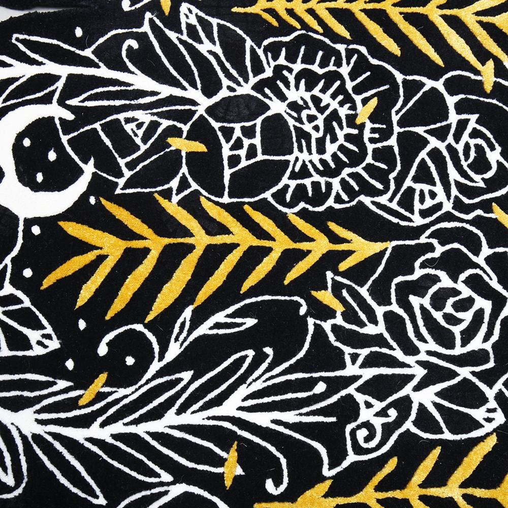 Black Floral Abstract Handmade Irregular Shaped Rug with White Botanical and Golden Leaf Design for Modern Home Decor