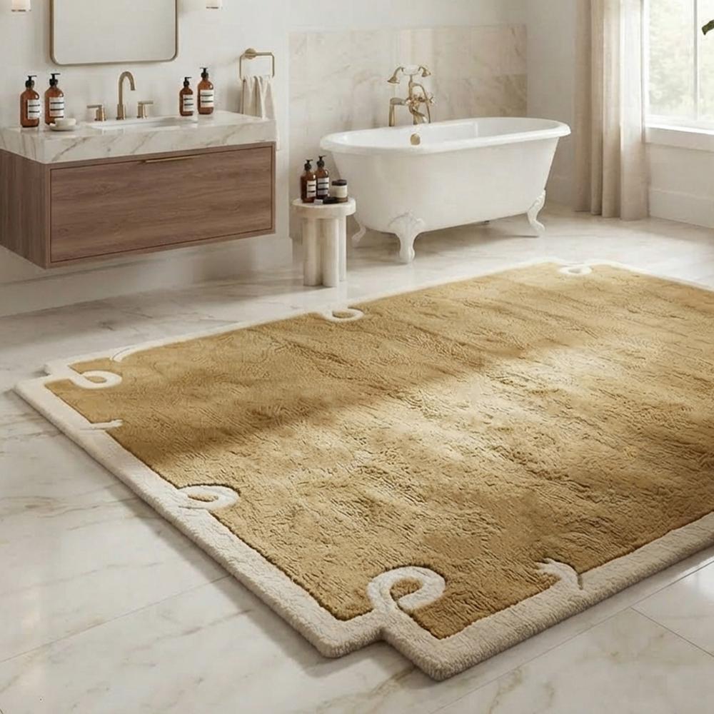 Modern Mustard Brown Area Rug with Ivory Border and Minimalist Abstract Corner Design for Elegant Home Decor
