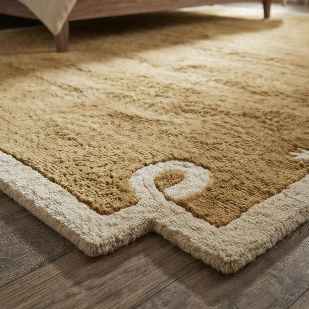 Modern Mustard Brown Area Rug with Ivory Border and Minimalist Abstract Corner Design for Elegant Home Decor
