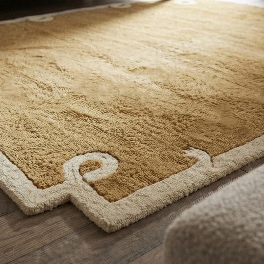 Modern Mustard Brown Area Rug with Ivory Border and Minimalist Abstract Corner Design for Elegant Home Decor